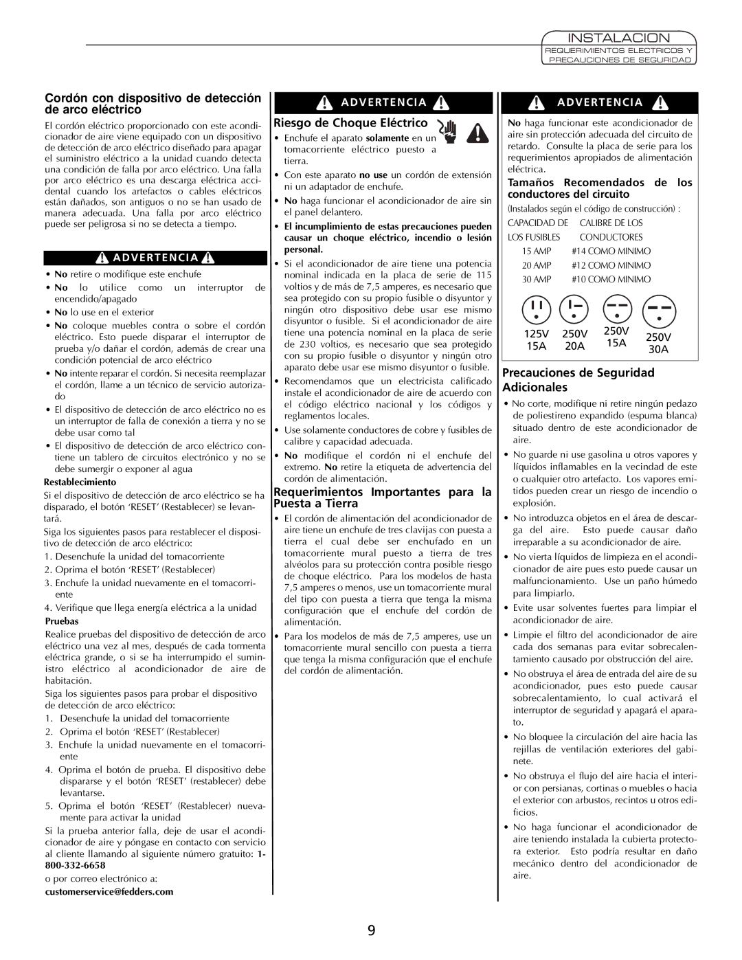 Fedders A7Q08F2B Riesgo de Choque Eléctrico, Requerimientos Importantes para la Puesta a Tierra, Instalacion 