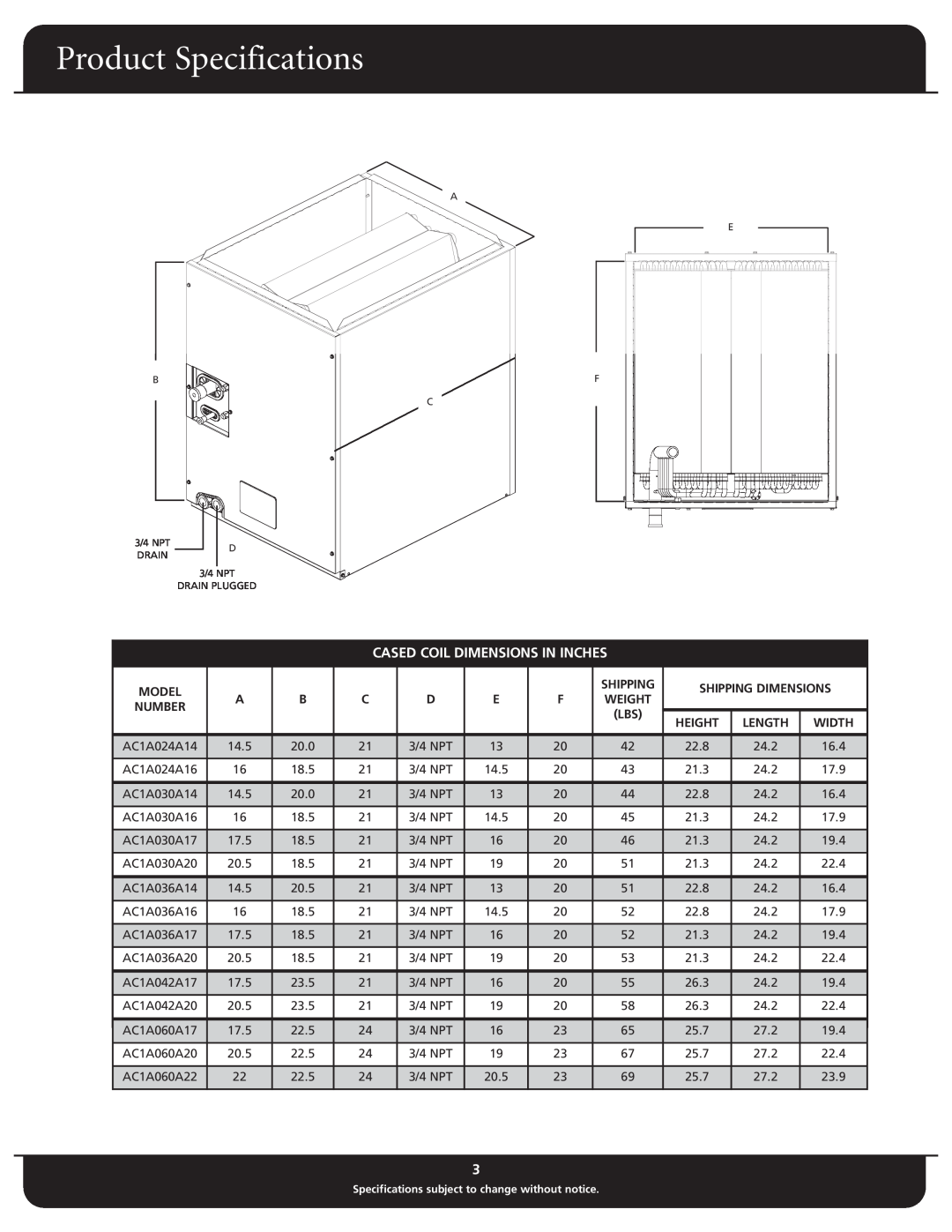 Fedders AC1A Series warranty Product Specifications, Cased Coil Dimensions In Inches, Weight 