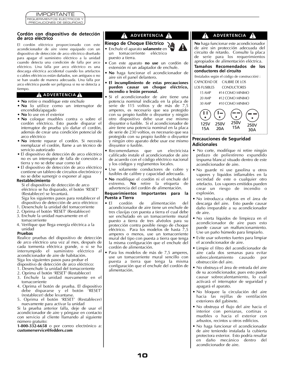 Fedders AEY08F2B Importante, Cordón con dispositivo de detección, De arco eléctrico, Precauciones de Seguridad Adicionales 