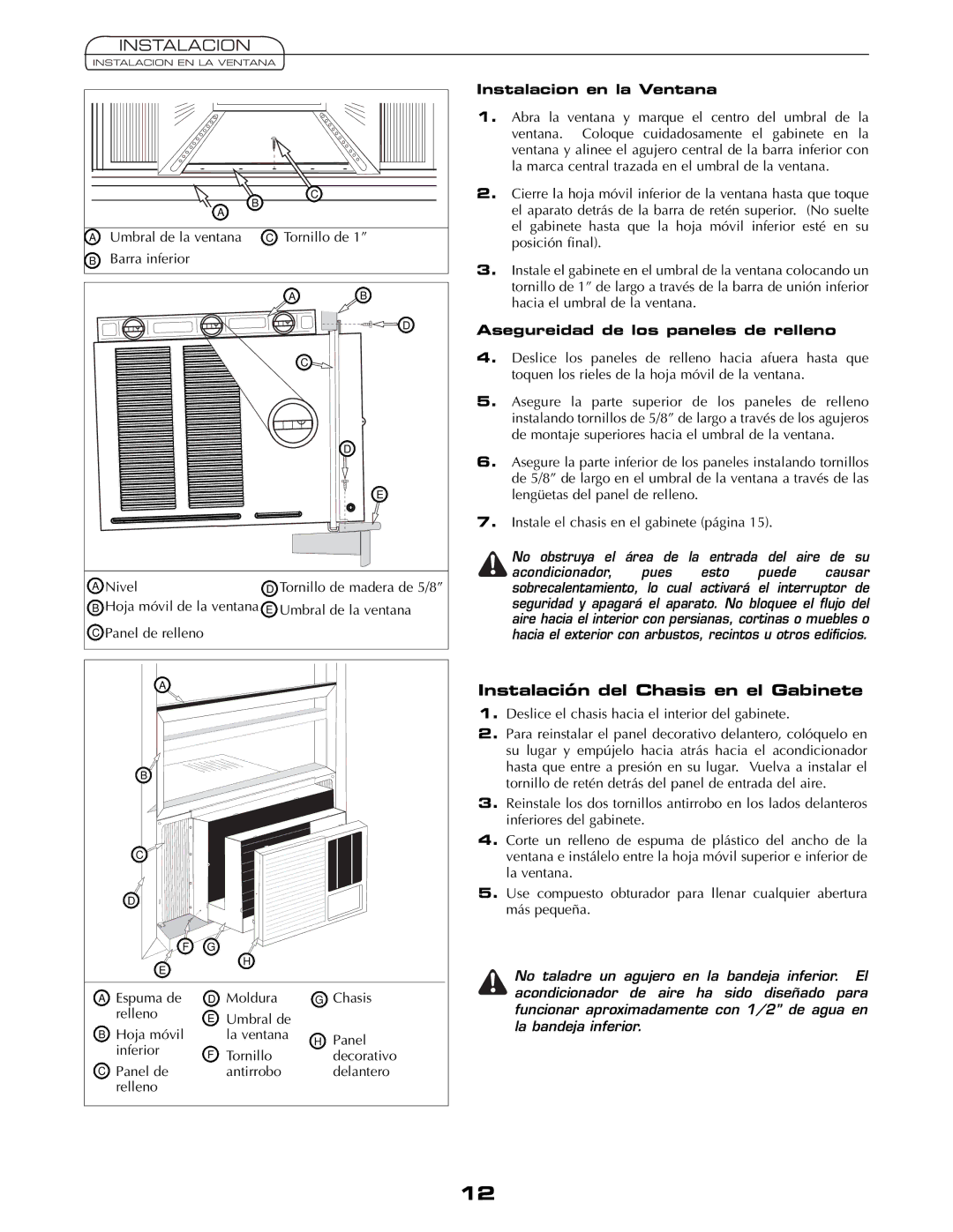 Fedders AEY08F2B Instalación del Chasis en el Gabinete, Instalacion en la Ventana, Asegureidad de los paneles de relleno 