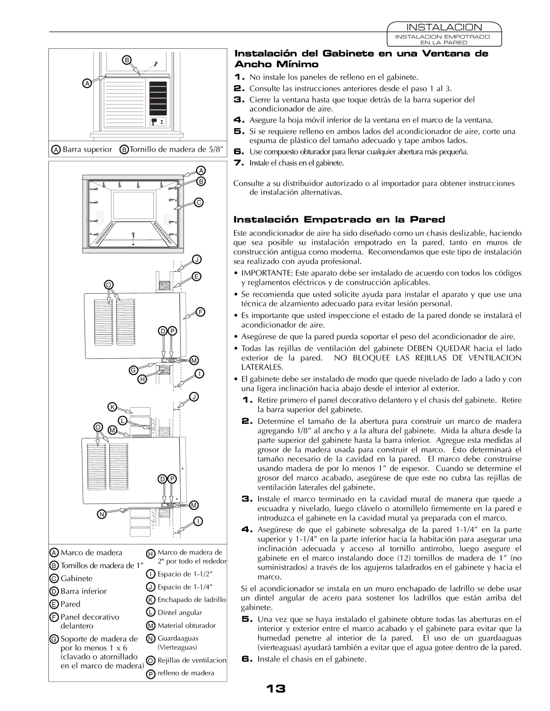 Fedders AEY08F2B Instalación del Gabinete en una Ventana de Ancho Mínimo, Instalación Empotrado en la Pared 