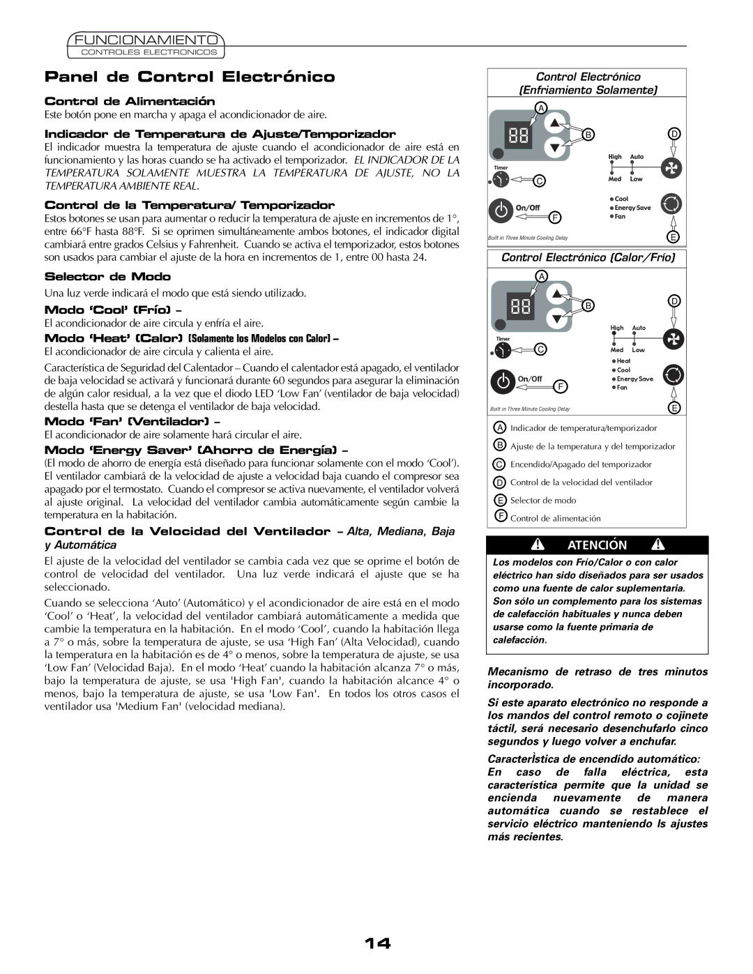 Fedders AEY08F2B important safety instructions Panel de Control Electrónico, Funcionamiento 