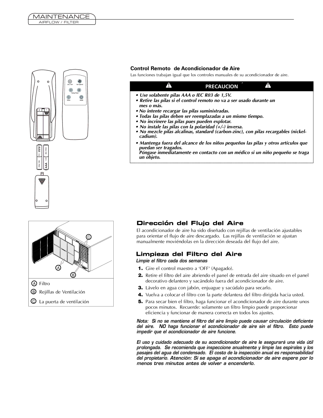 Fedders AEY08F2B important safety instructions Dirección del Flujo del Aire, Limpieza del Filtro del Aire, Maintenance 