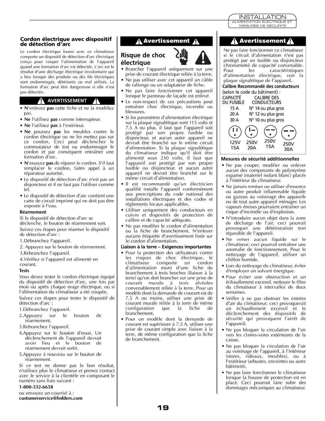 Fedders AEY08F2B Risque de choc électrique, Cordon électrique avec dispositif de détection darc 