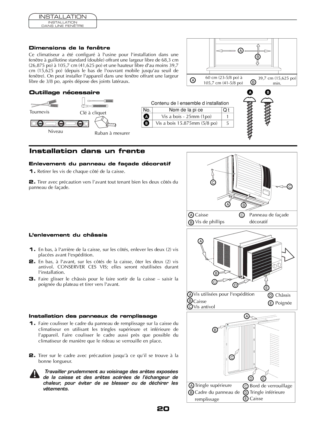 Fedders AEY08F2B important safety instructions Installation dans un frente, Outillage nécessaire 