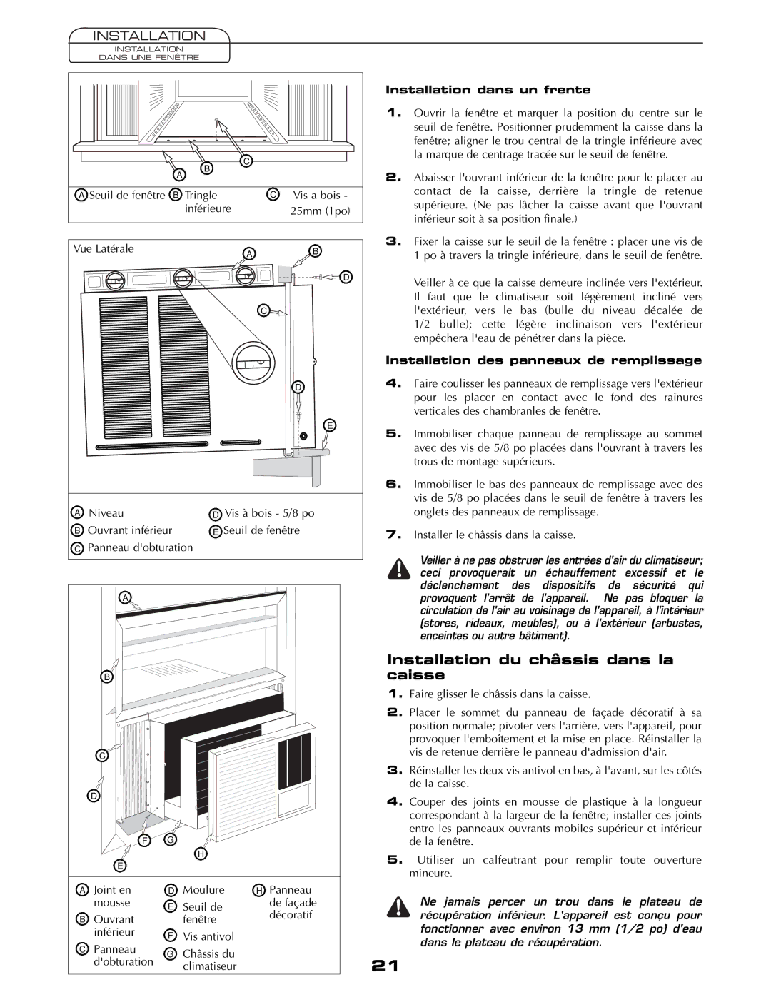 Fedders AEY08F2B important safety instructions Installation du châssis dans la caisse, Tringle, Installation dans un frente 