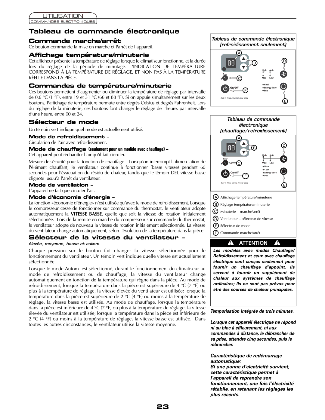 Fedders AEY08F2B important safety instructions Tableau de commande électronique 