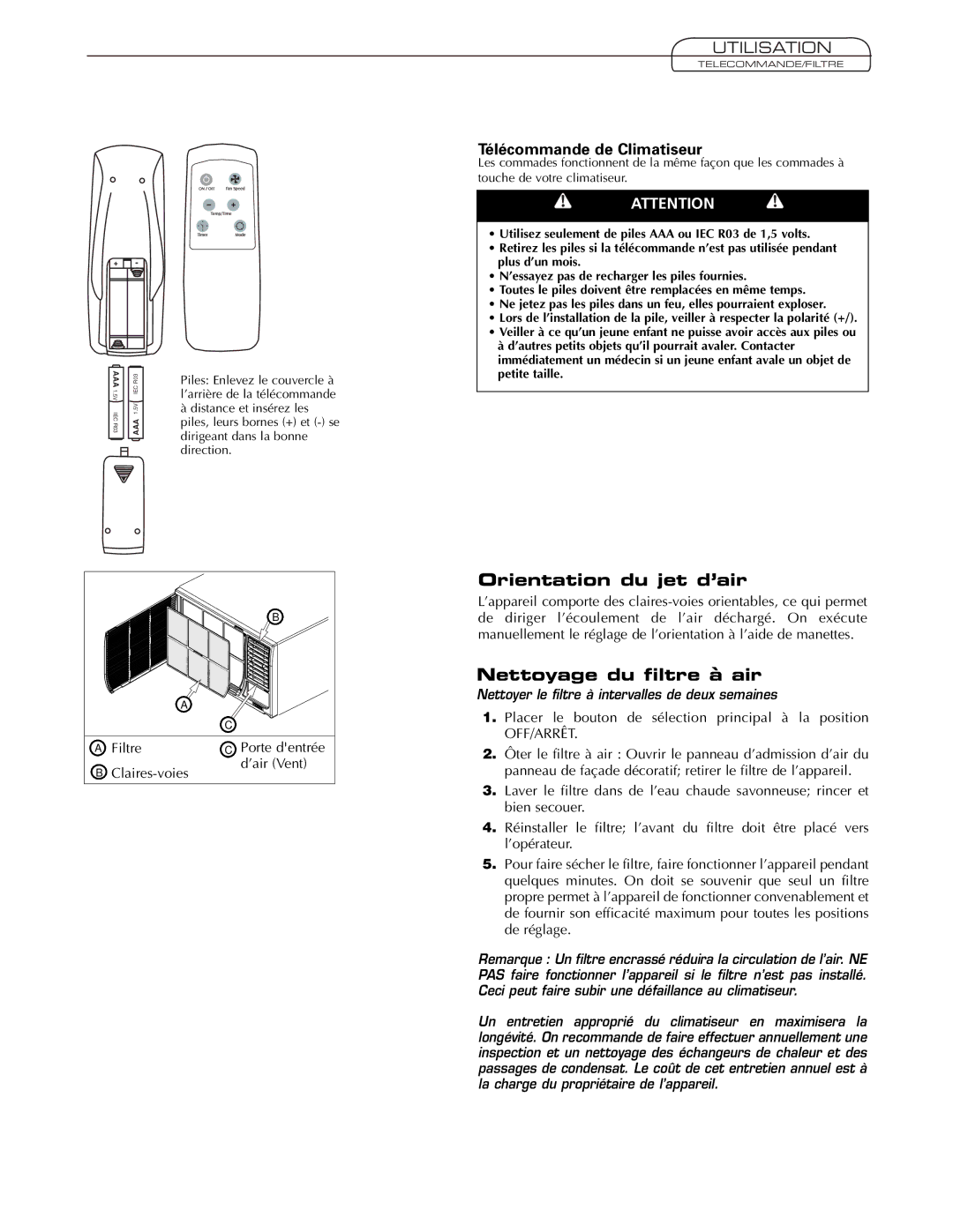 Fedders AEY08F2B Orientation du jet d’air, Nettoyage du filtre à air, Télécommande de Climatiseur 