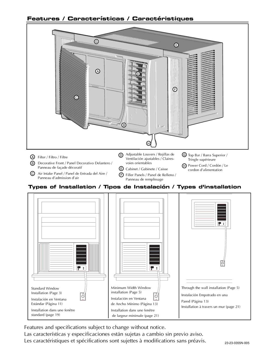 Fedders AEY08F2B important safety instructions Features / Características / Caractéristiques 