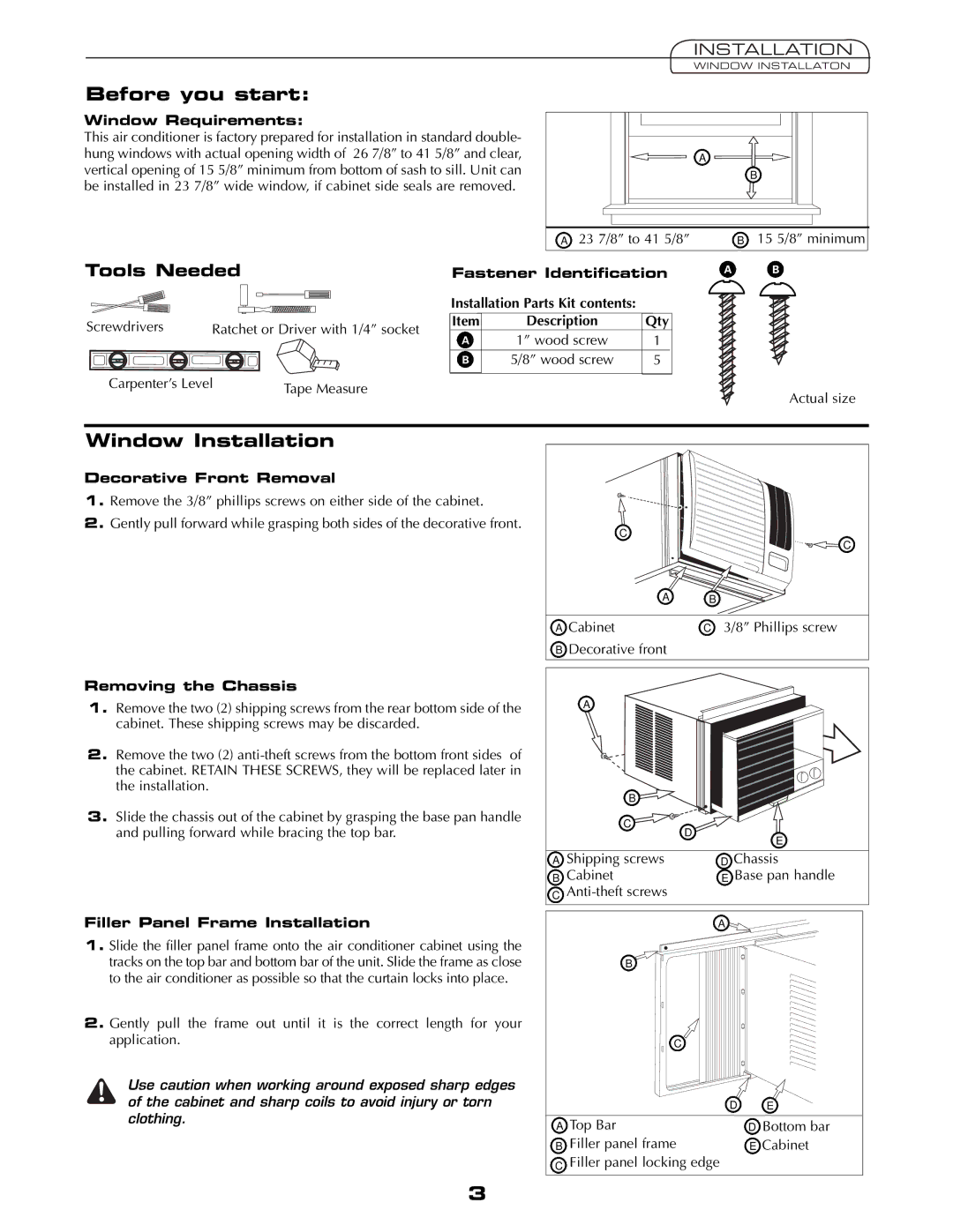 Fedders AEY08F2B important safety instructions Before you start, Window Installation, Tools Needed 