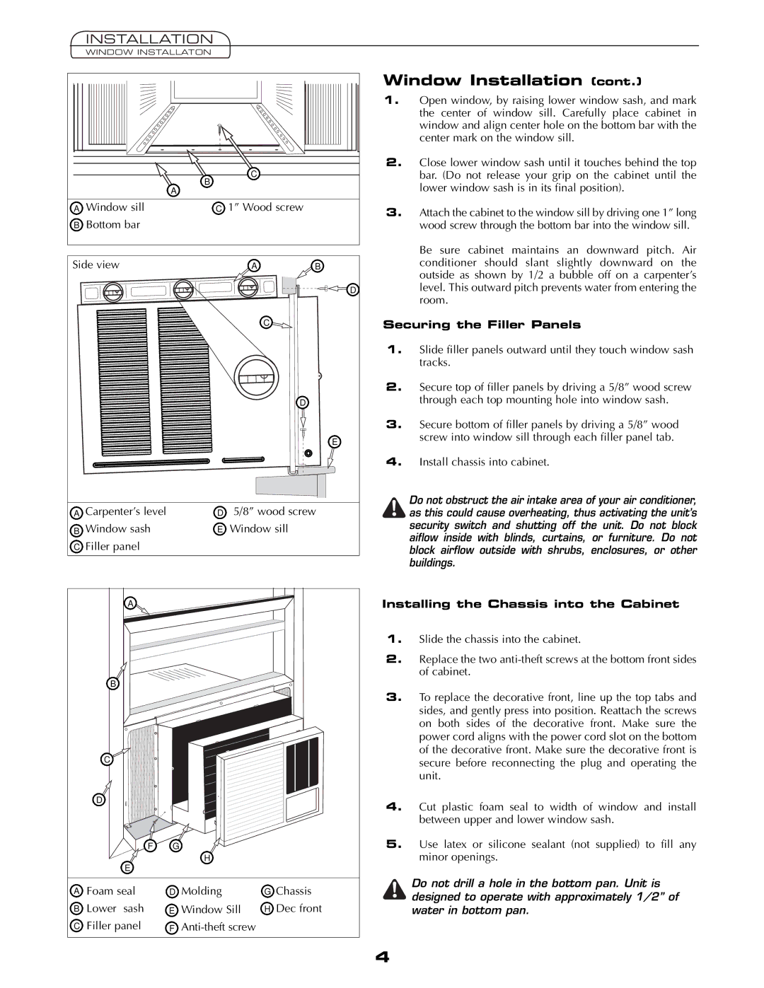 Fedders AEY08F2B important safety instructions Securing the Filler Panels, Installing the Chassis into the Cabinet 