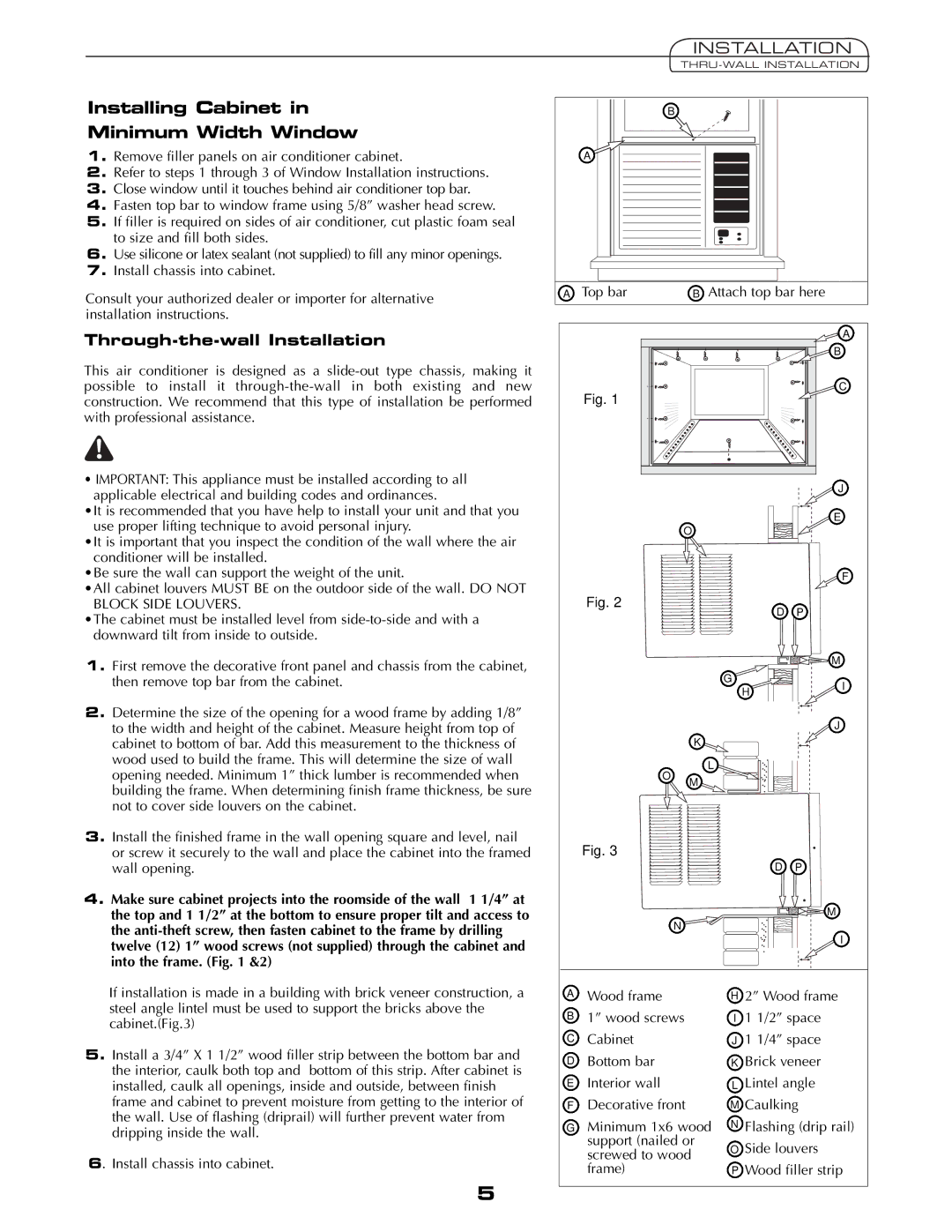 Fedders AEY08F2B important safety instructions Installing Cabinet Minimum Width Window, Through-the-wall Installation 