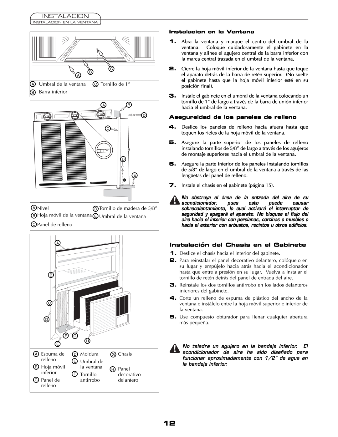 Fedders AEY08F2B important safety instructions Instalación del Chasis en el Gabinete, Instalacion en la Ventana 
