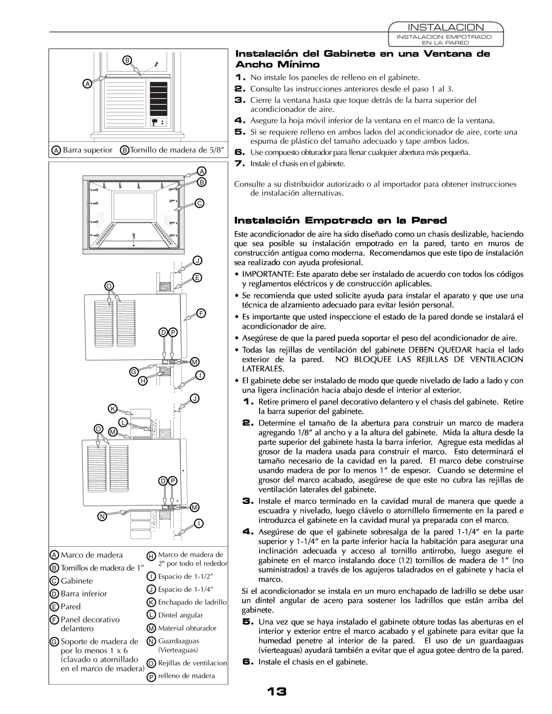 Fedders AEY08F2B important safety instructions Instalacion, Instalación Empotrado en la Pared 