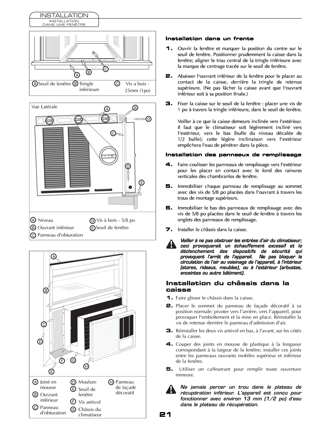 Fedders AEY08F2B important safety instructions Installation du châssis dans la caisse, Installation dans un frente 