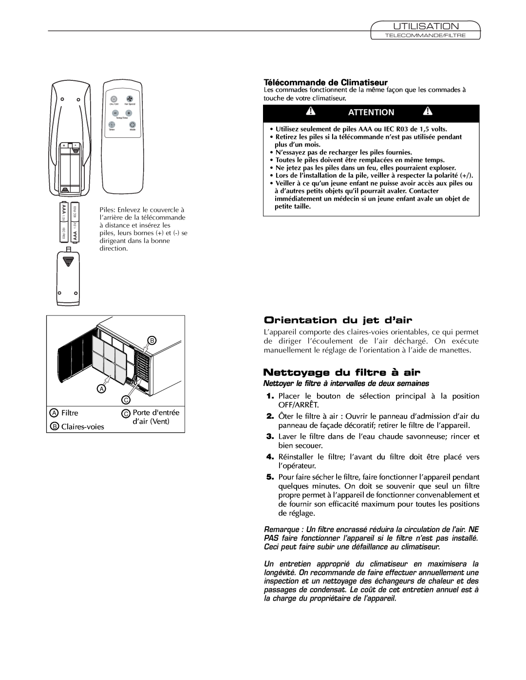 Fedders AEY08F2B Orientation du jet d’air, Nettoyage du filtre à air, Utilisation, Télécommande de Climatiseur 