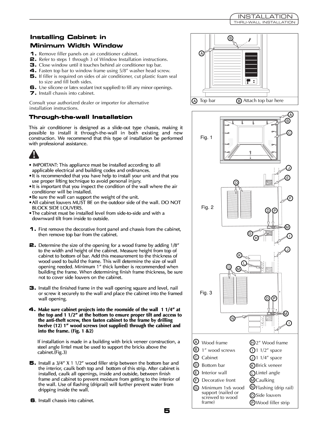 Fedders AEY08F2B important safety instructions Installing Cabinet in Minimum Width Window, Through-the-wallInstallation 