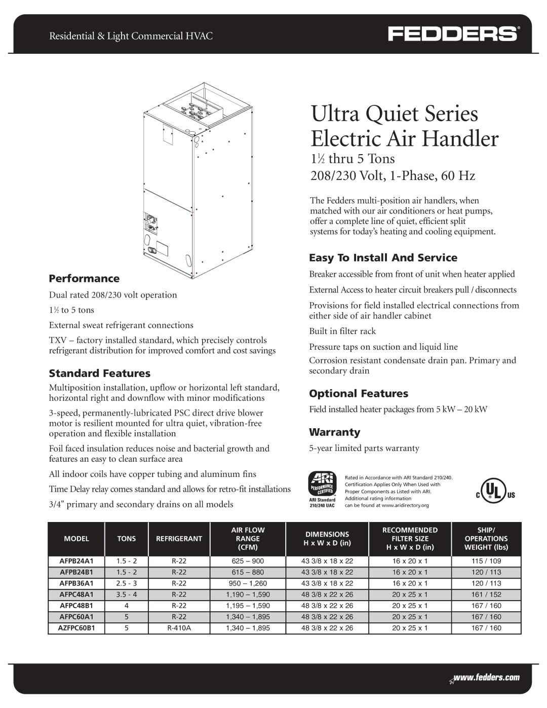 Fedders AFPC48A1 warranty Performance, Standard Features, Easy To Install And Service, Optional Features, Warranty 