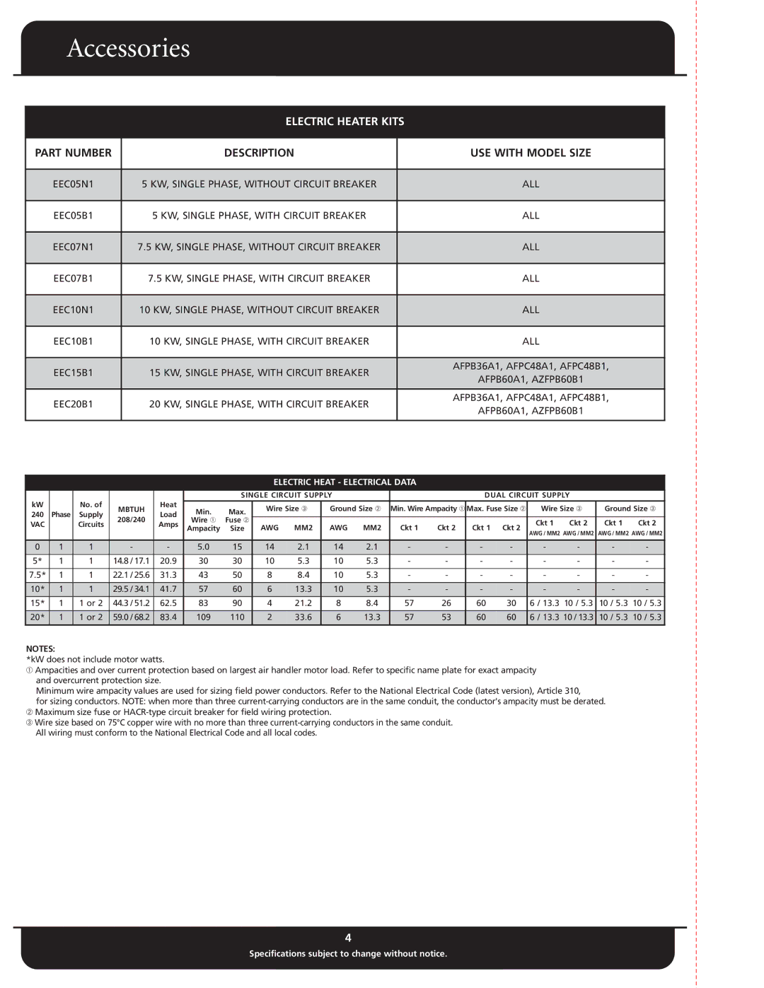 Fedders AFPB24B1, AFPB24A1, AFPC48A1, AFPC48B1, AFPB36A1, AZFPC60B1, AFPC60A1 warranty Accessories, Electric Heater Kits 