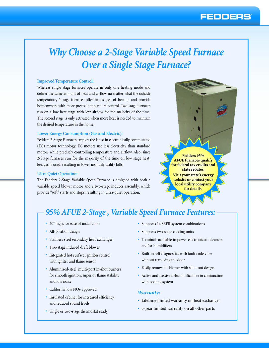 Fedders AFUE 2-Stage manual 95% Afue 2-Stage , Variable Speed Furnace Features 