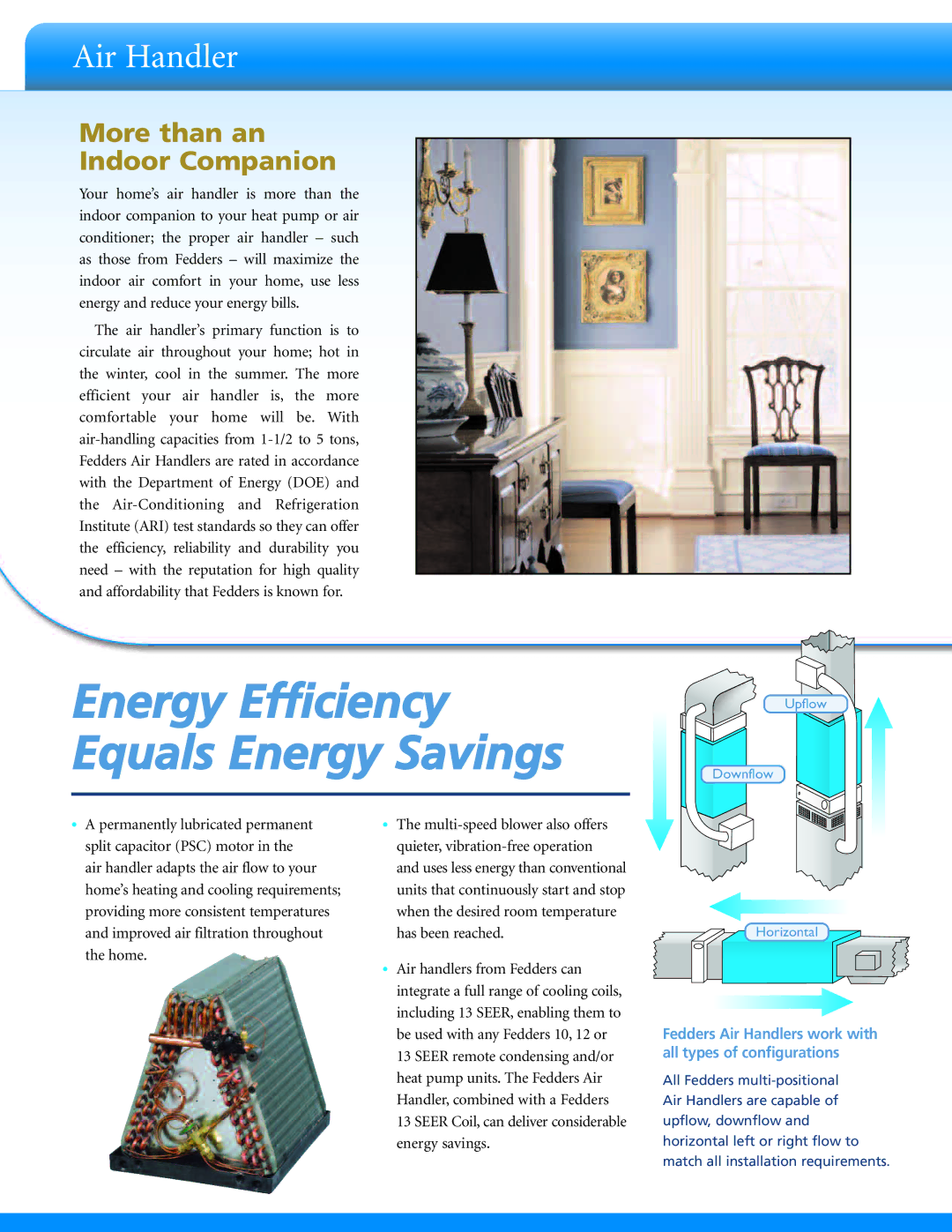 Fedders Air Handler manual Energy Efficiency Equals Energy Savings 