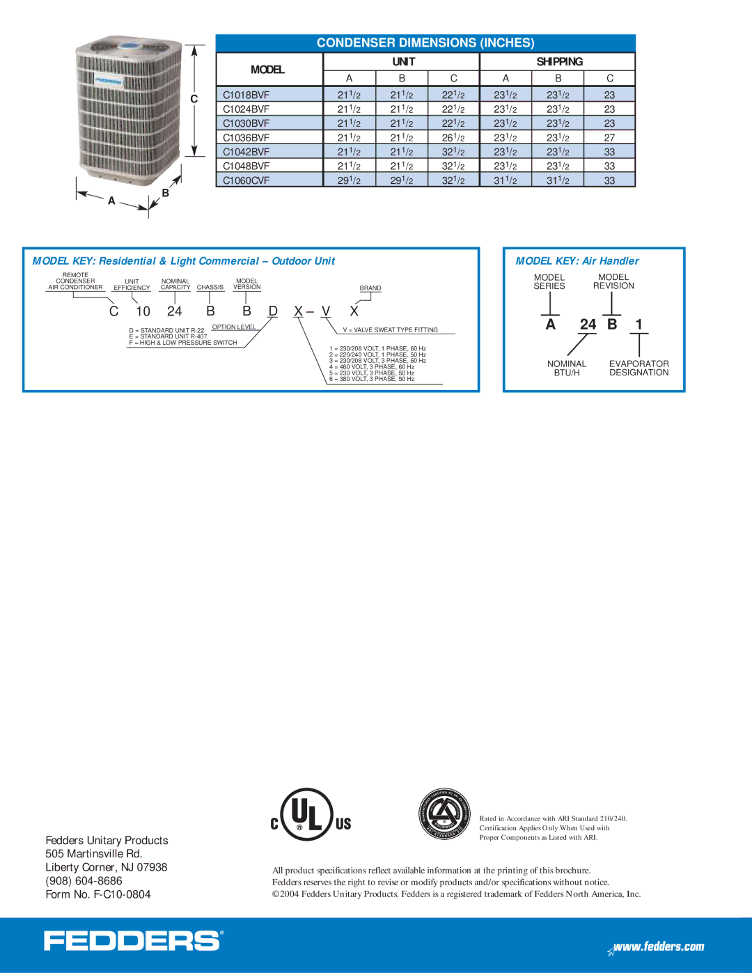 Fedders C10 warranty Condenser Dimensions Inches, Model Unit 