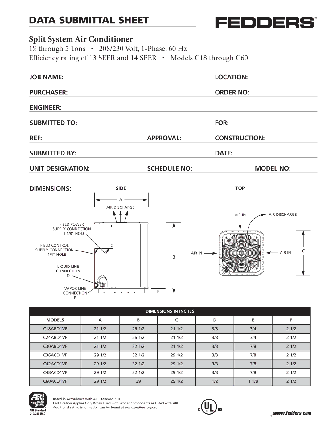 Fedders C18, C60 dimensions Data Submittal Sheet 