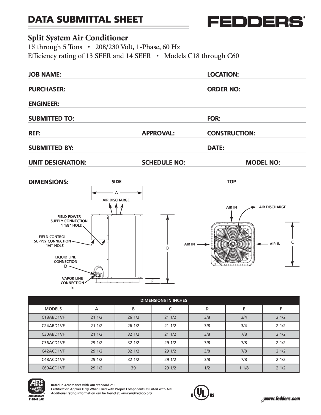 Fedders C18, C60 dimensions Data Submittal Sheet, Split System Air Conditioner, 11⁄2 through 5 Tons 