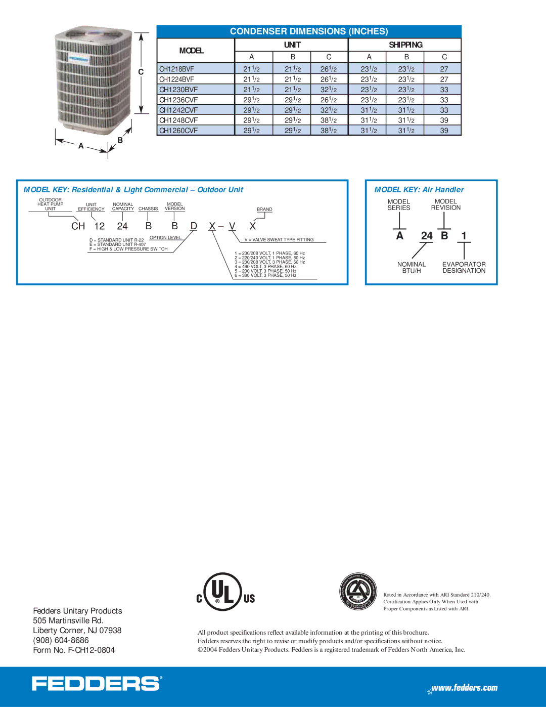 Fedders CH12 warranty Condenser Dimensions Inches, Model Unit 