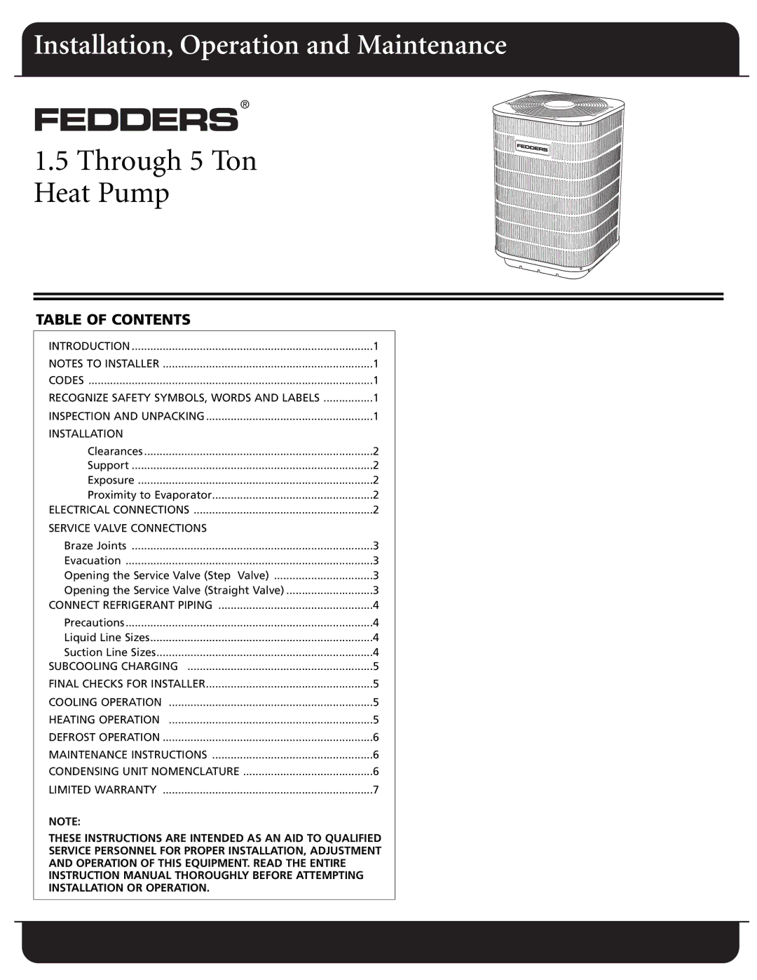 Fedders CH18ABD1 warranty Through 5 Ton Heat Pump, Table of Contents 