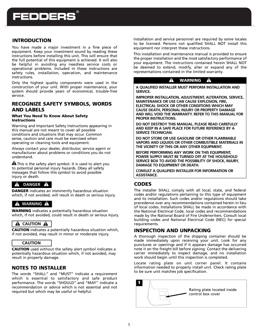 Fedders CH18ABD1 warranty Introduction, Recognize Safety SYMBOLS, Words and Labels, Codes, Inspection and Unpacking 