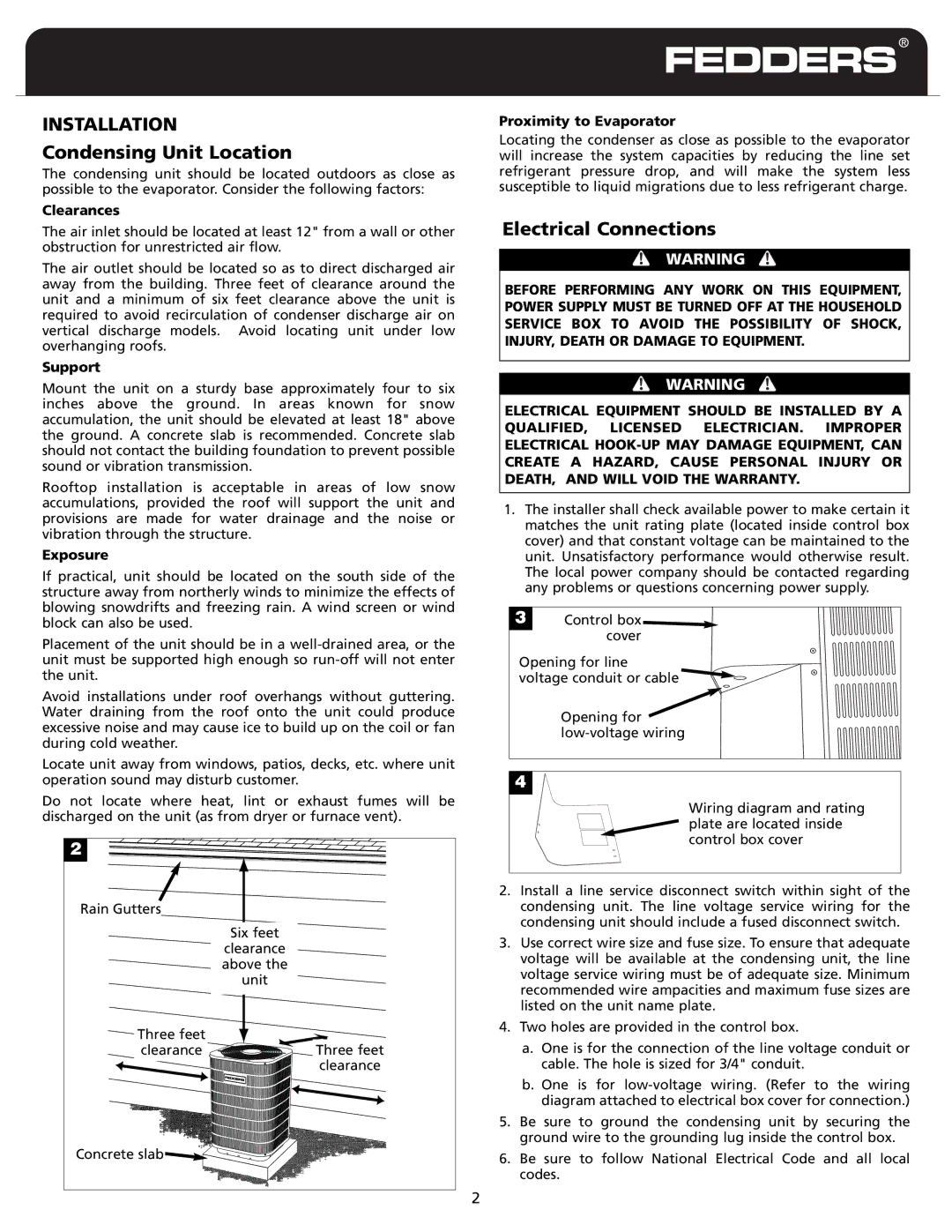 Fedders CH18ABD1 warranty Installation, Condensing Unit Location, Electrical Connections, 114 