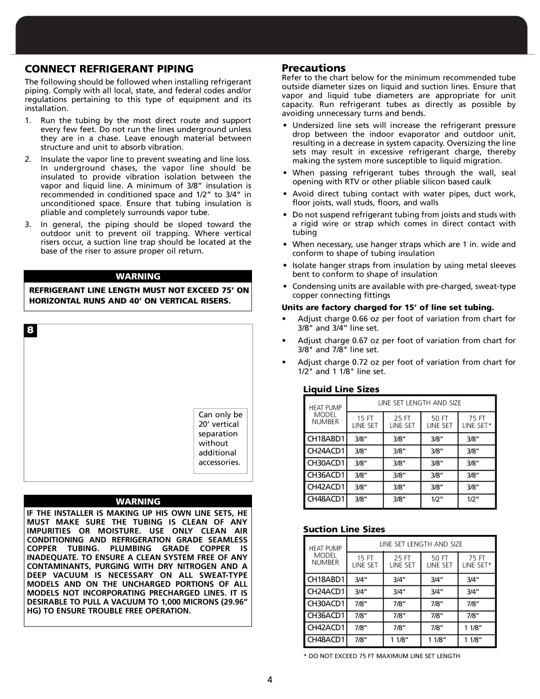 Fedders CH18ABD1 warranty Connect Refrigerant Piping, Precautions, 118, Liquid Line Sizes, Suction Line Sizes 