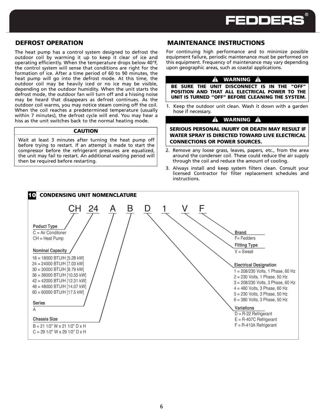 Fedders CH18ABD1 warranty Defrost Operation, Maintenance Instructions 