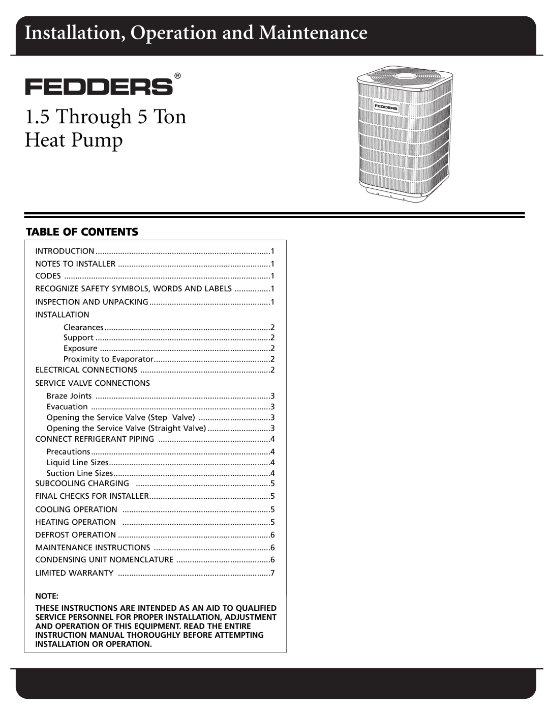 Fedders CH18ABD1 warranty Table Of Contents, And Operation Of This Equipment. Read The Entire, Installation Or Operation 