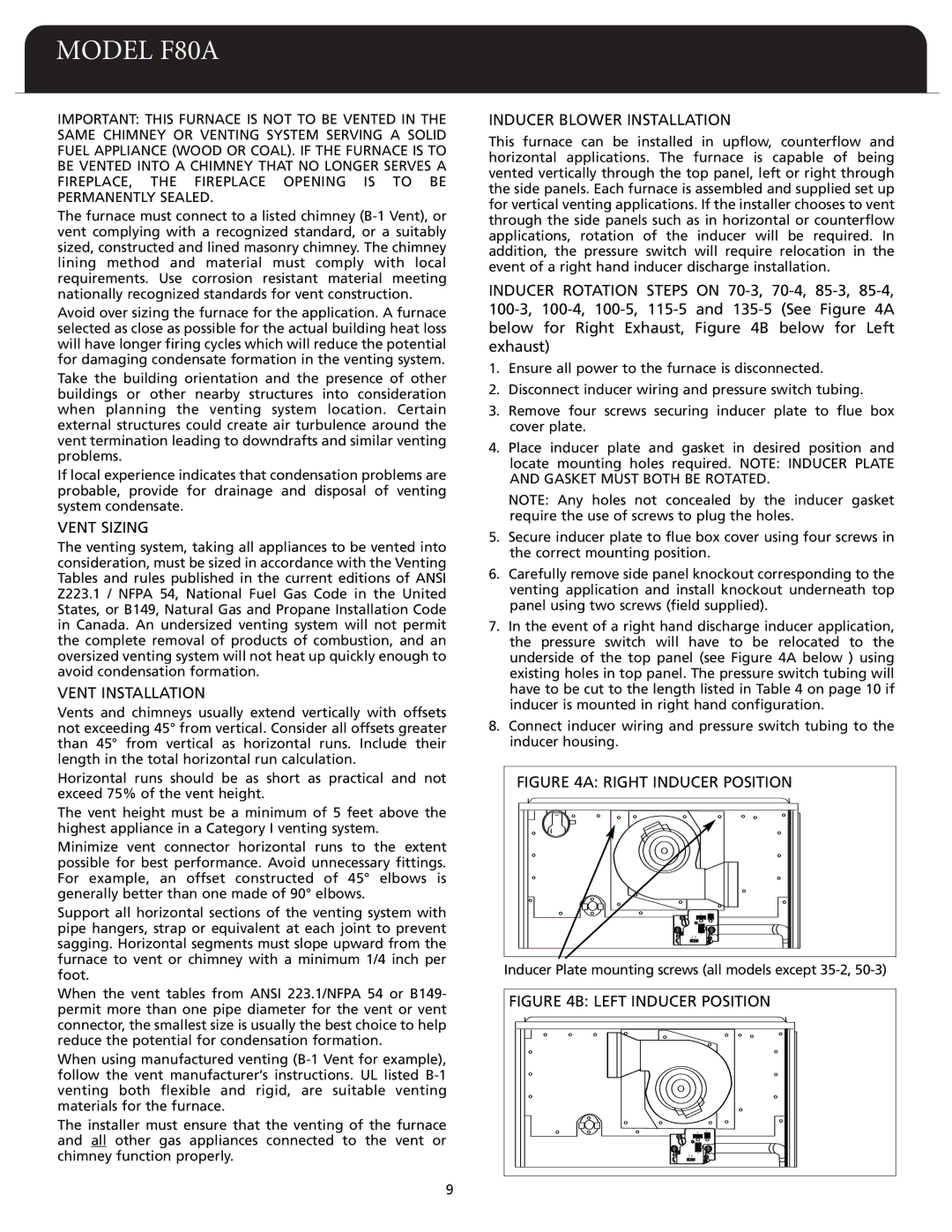 Fedders F80A dimensions Vent Sizing, Vent Installation, Inducer Blower Installation 