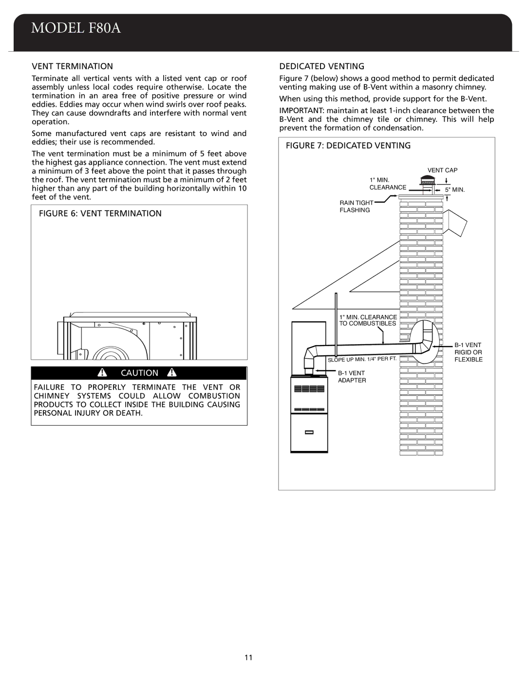 Fedders F80A dimensions Vent Termination, Dedicated Venting 