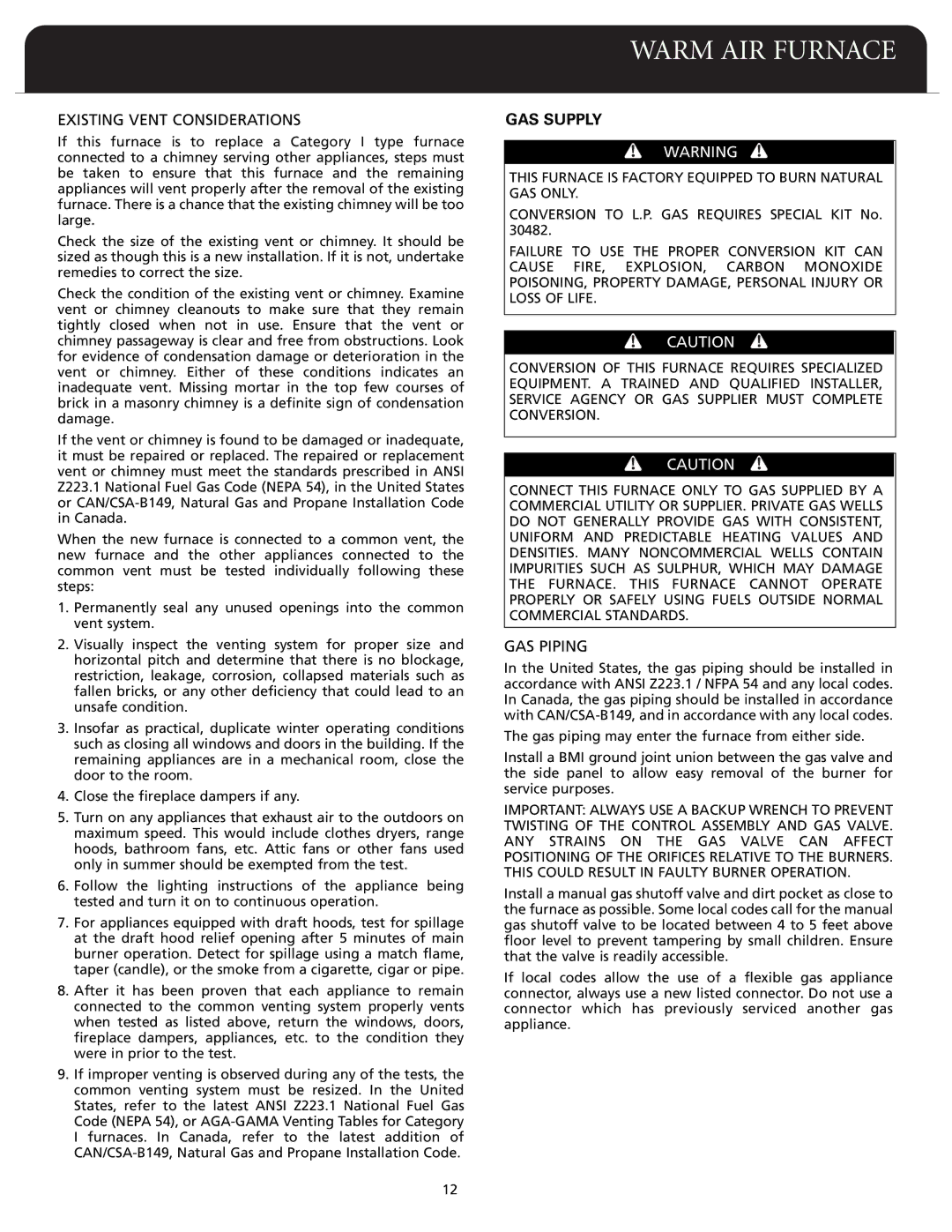 Fedders F80A dimensions Existing Vent Considerations, GAS Supply, GAS Piping 