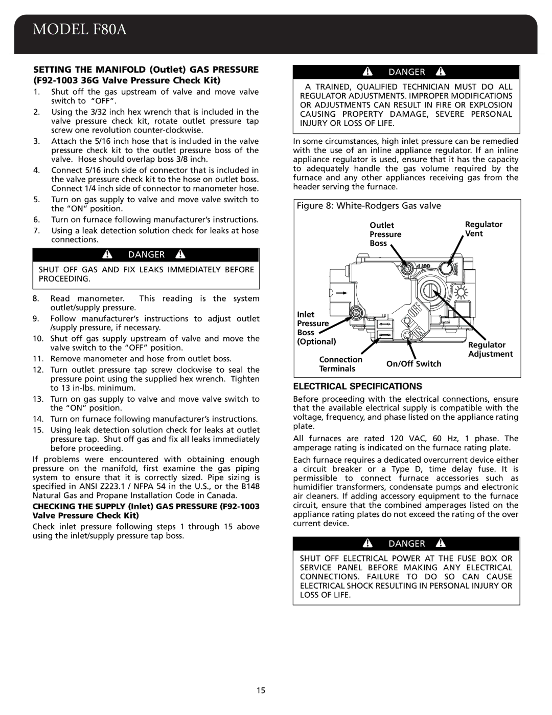 Fedders F80A dimensions Electrical Specifications, Outlet Regulator Pressure Vent Boss 