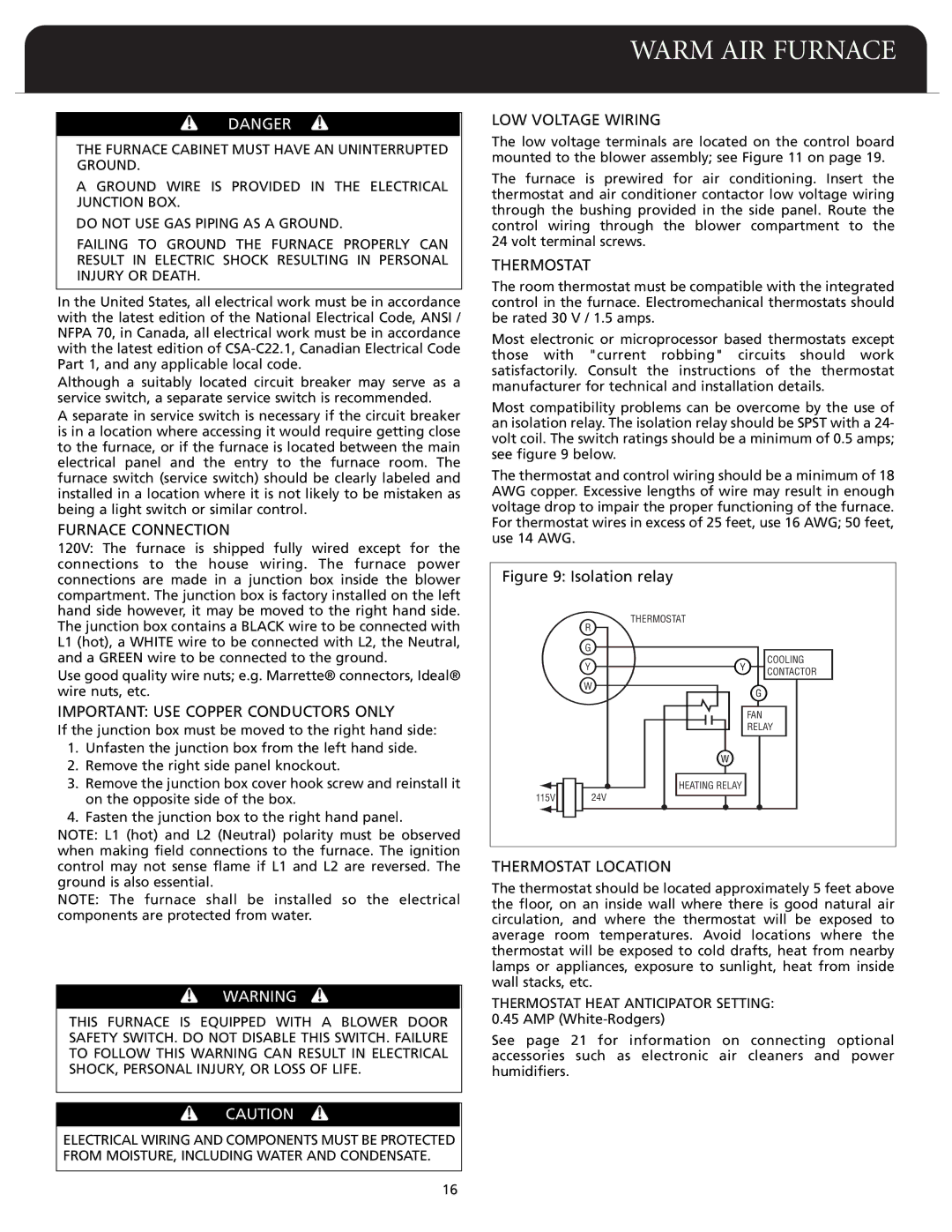 Fedders F80A Furnace Connection, Important USE Copper Conductors only, LOW Voltage Wiring, Thermostat Location 