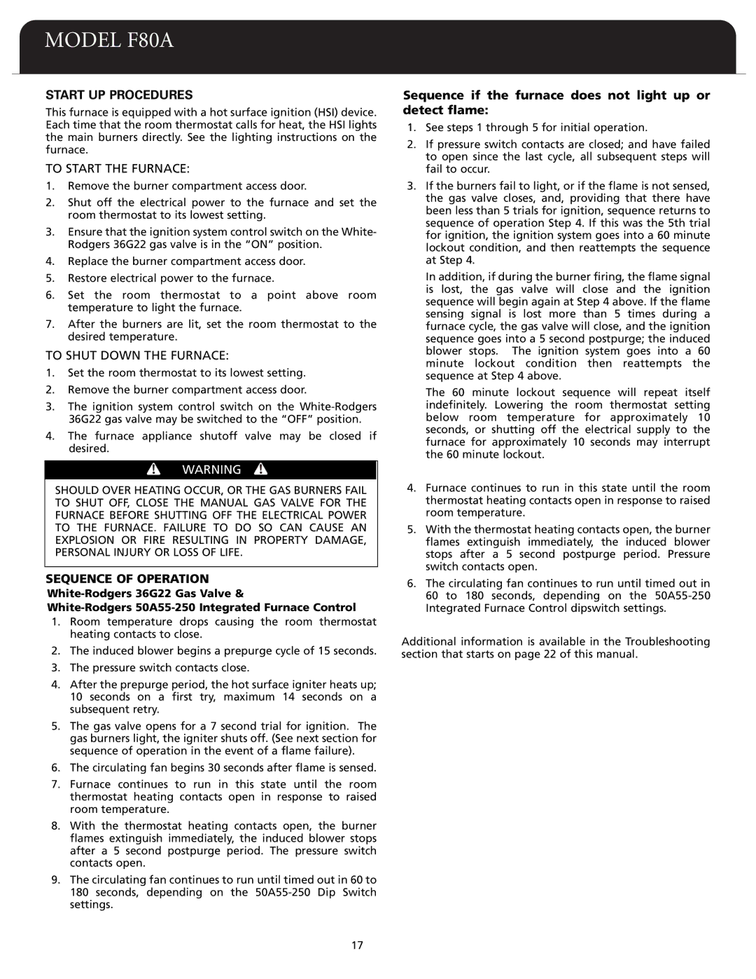 Fedders F80A dimensions Start UP Procedures, To Start the Furnace, To Shut Down the Furnace, Sequence of Operation 