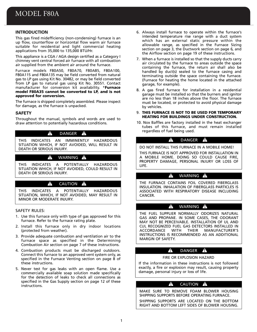 Fedders F80A dimensions Introduction, Safety Rules 