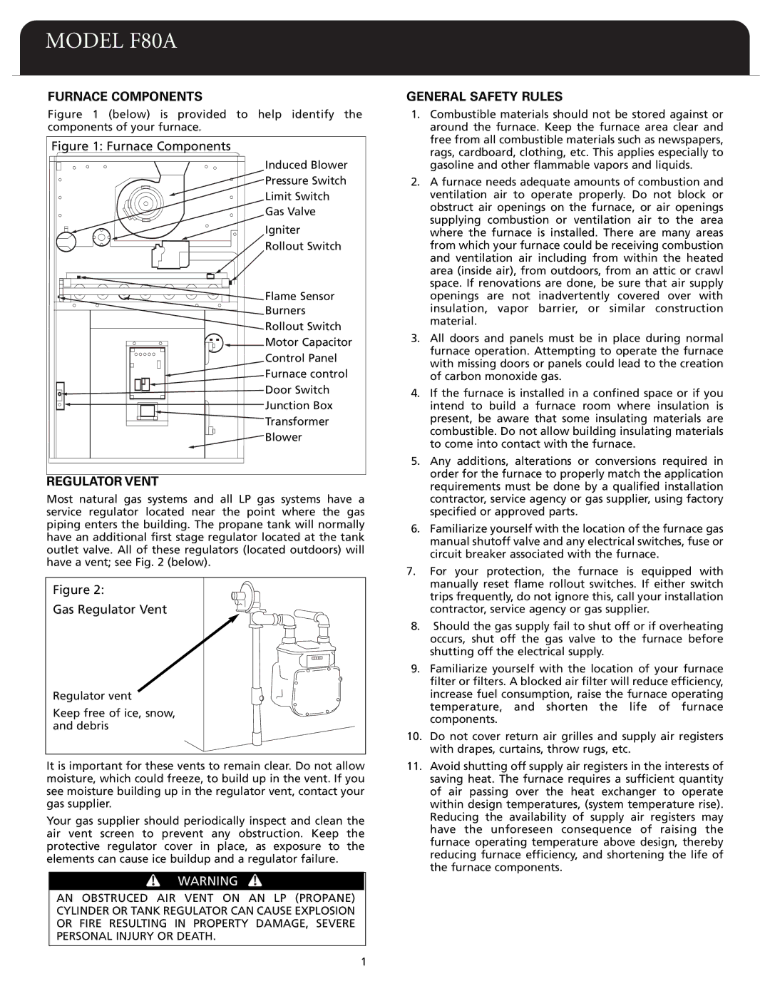 Fedders F80A dimensions Furnace Components, Regulator Vent, General Safety Rules 