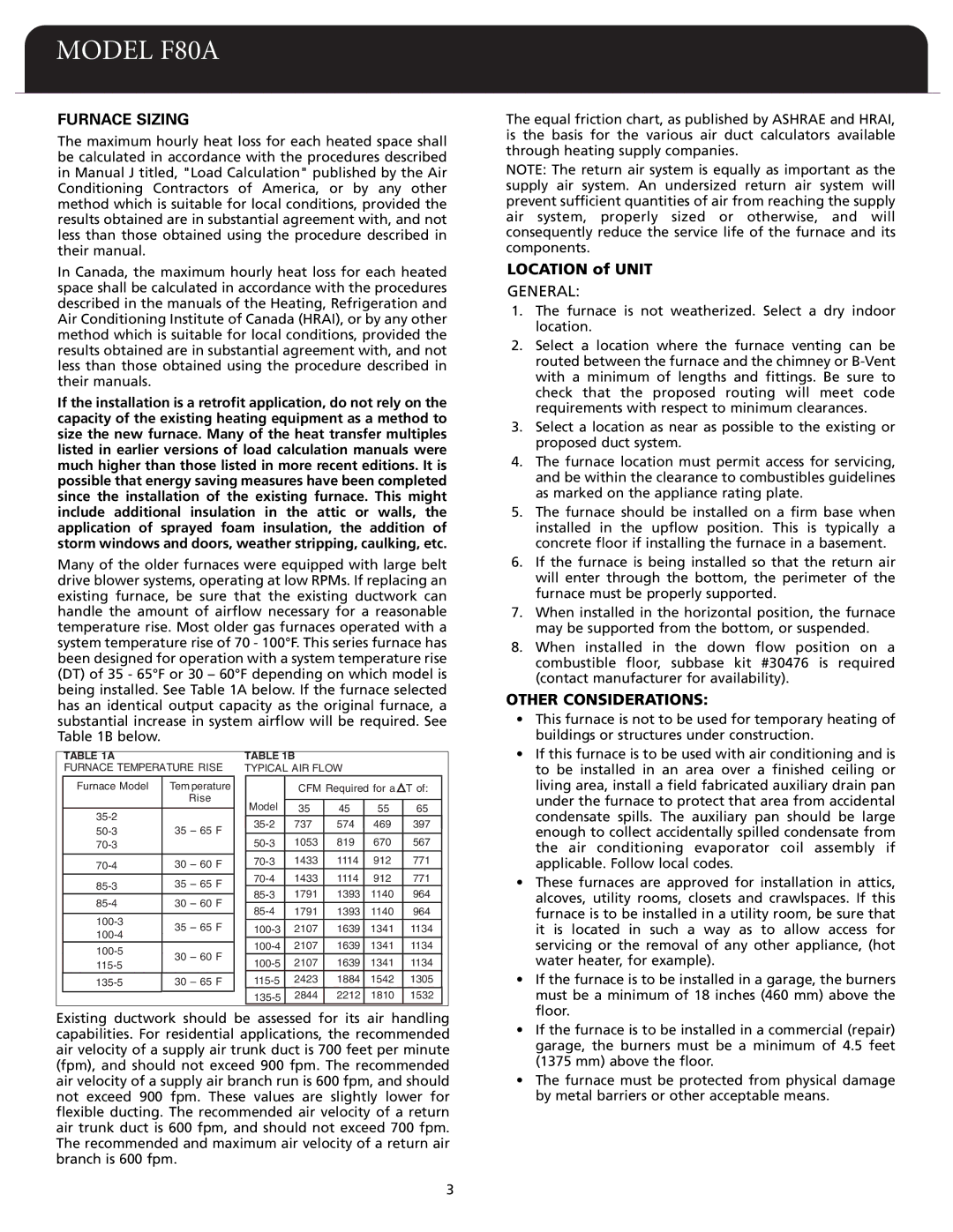 Fedders F80A dimensions Furnace Sizing, General, Other Considerations 