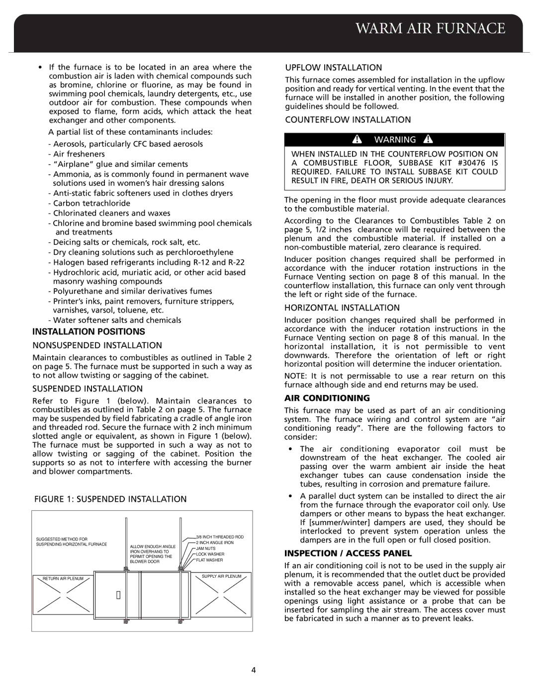 Fedders F80A dimensions Installation Positions, AIR Conditioning, Inspection / Access Panel 