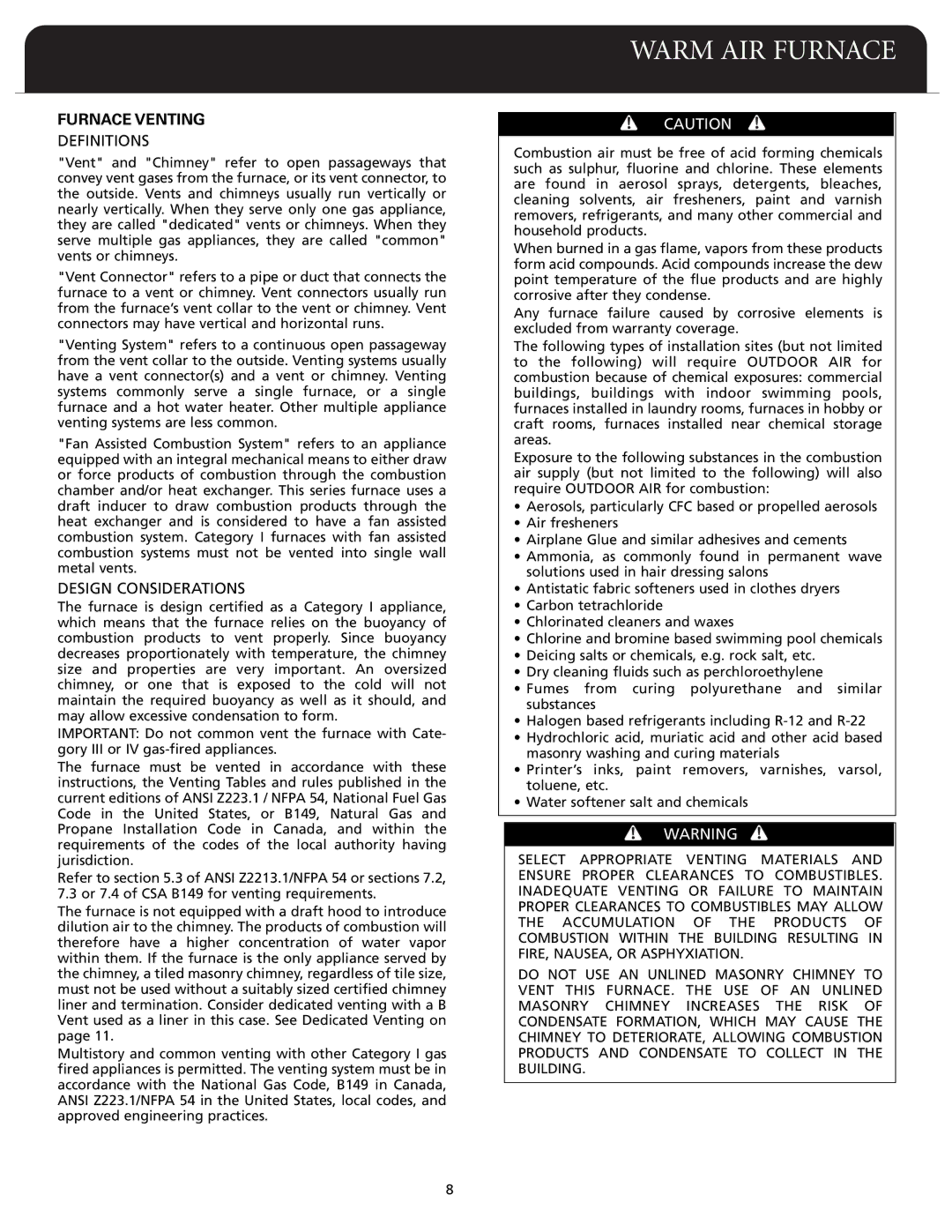 Fedders F80A dimensions Furnace Venting, Definitions, Design Considerations 