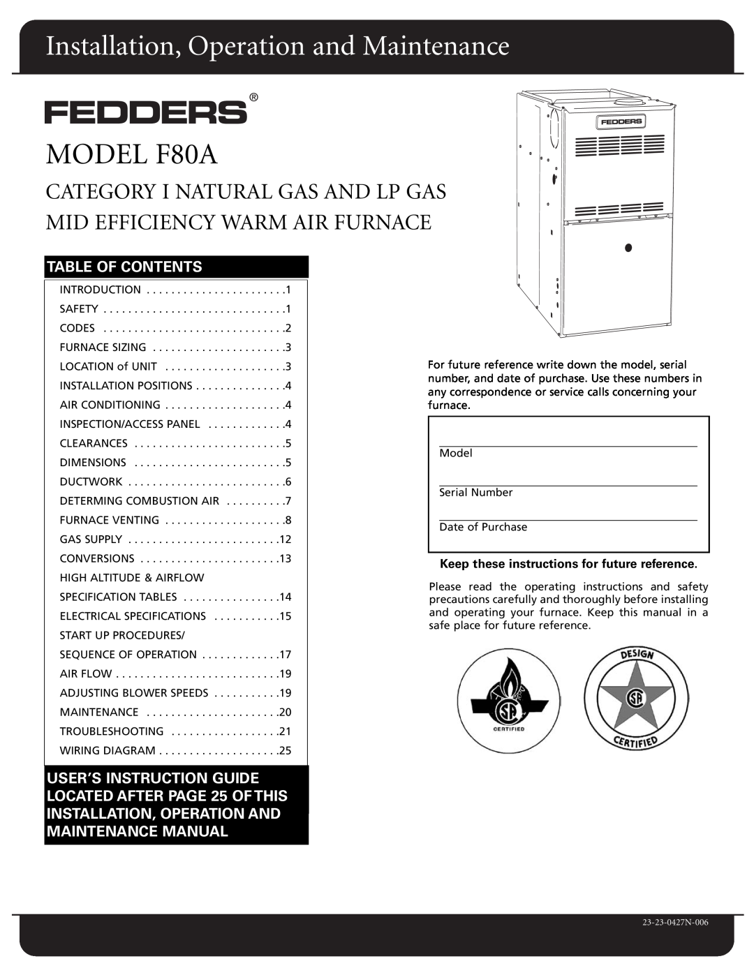 Fedders dimensions Keep these instructions for future reference, MODEL F80A, Installation, Operation and Maintenance 