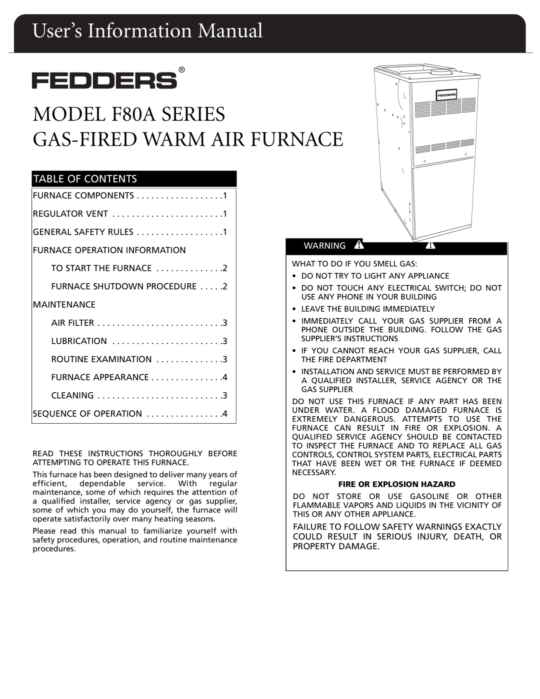 Fedders dimensions User’s Information Manual, MODEL F80A SERIES GAS-FIREDWARM AIR FURNACE, Table Of Contents 