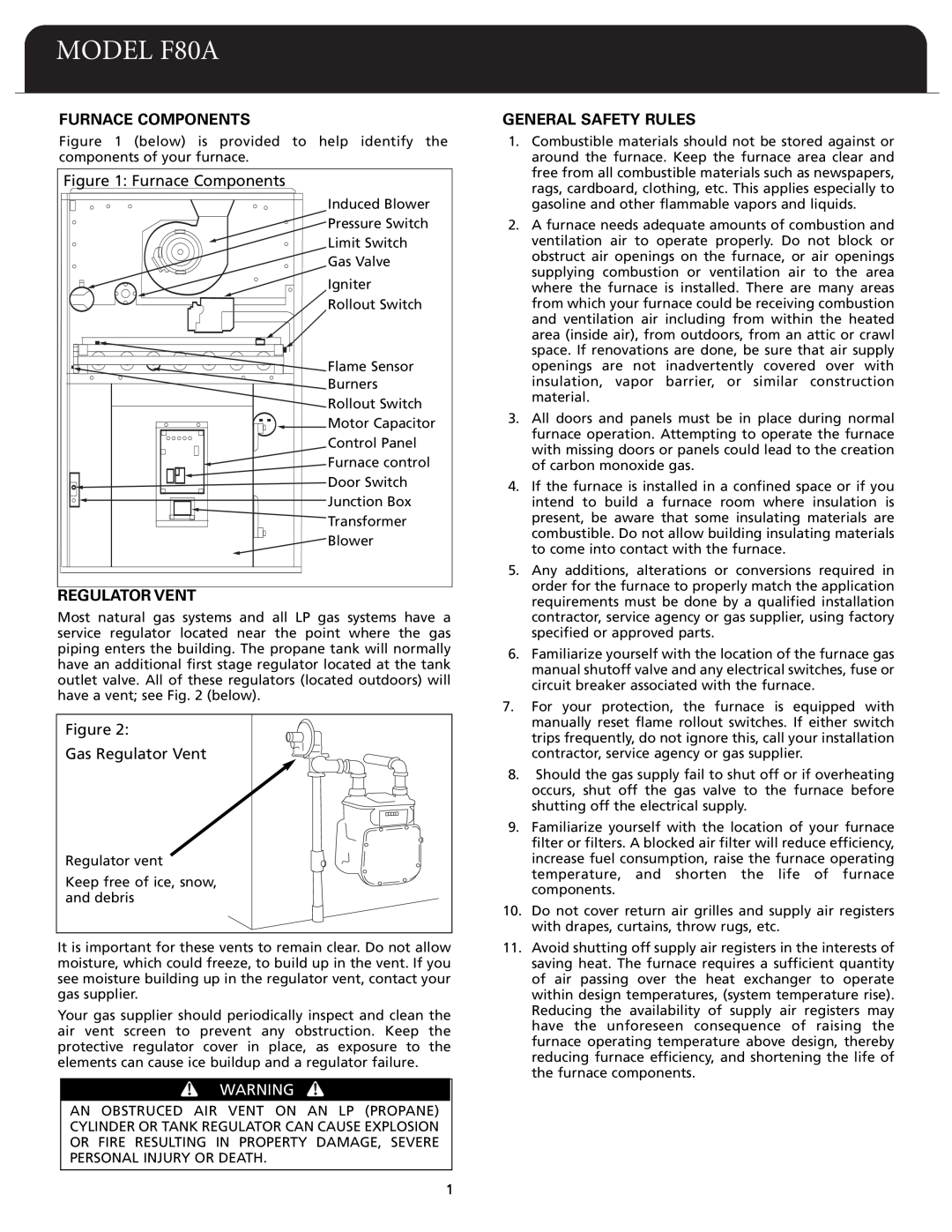 Fedders dimensions Furnace Components, Figure Gas Regulator Vent, General Safety Rules, MODEL F80A 