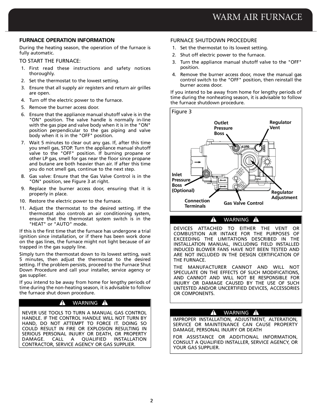 Fedders F80A dimensions Furnace Operation Information, Warm Air Furnace, To Start The Furnace, Furnace Shutdown Procedure 